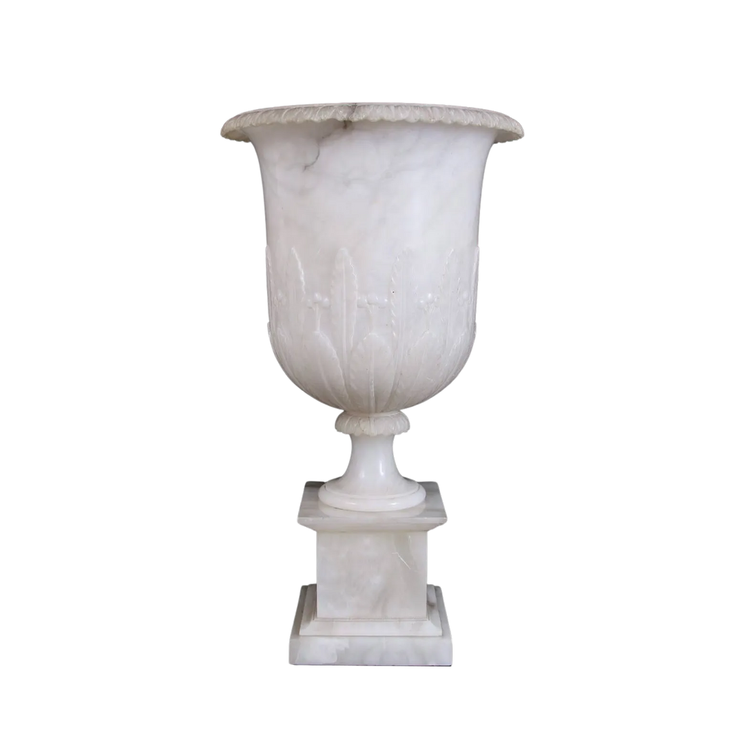 Neoclassical Alabaster Vase on stand, white marble with decorative carvings, neo-classical style, circa 1900 England.