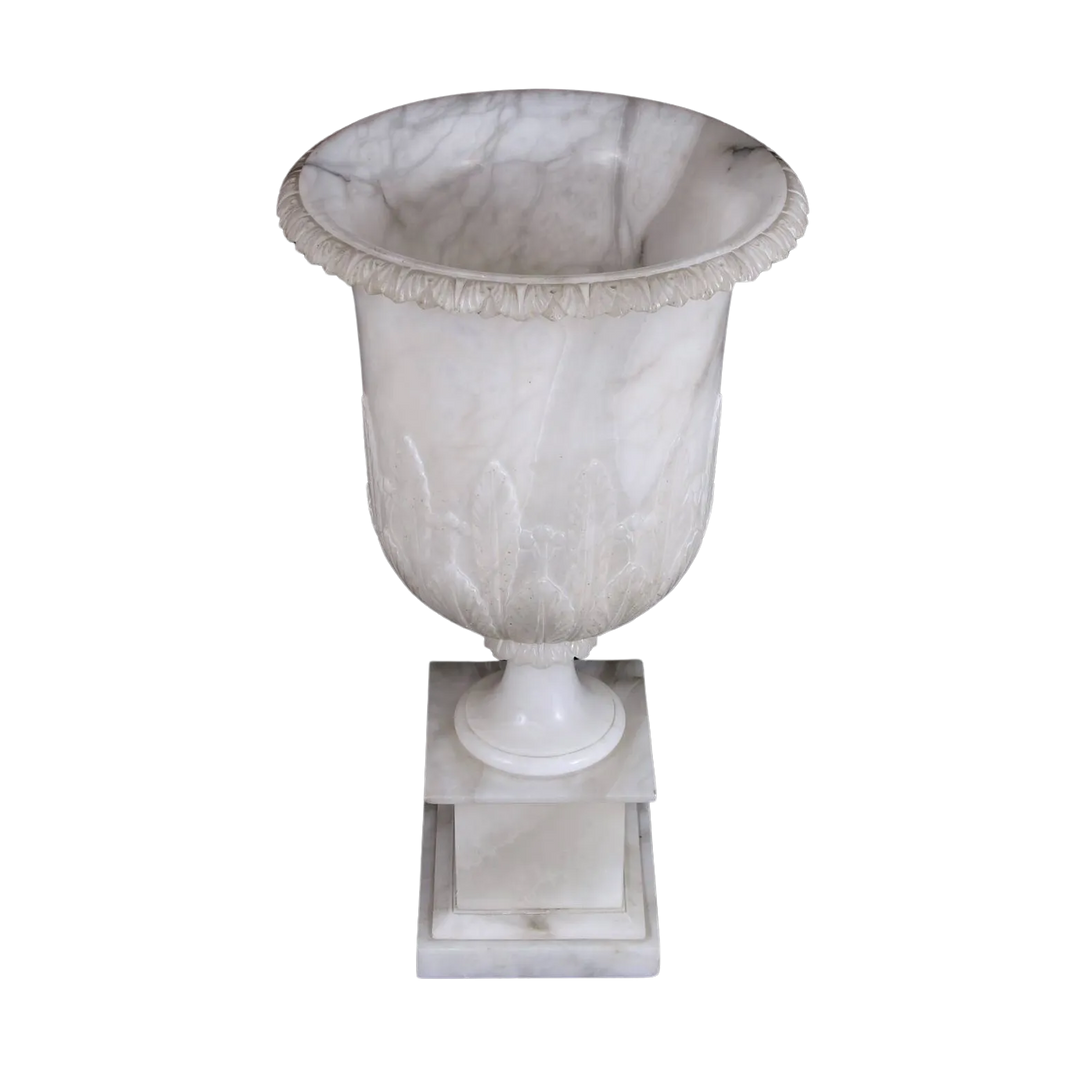 Neoclassical Alabaster Vase on stand, carved white alabaster with intricate detailing, neo-classical style circa 1900 England.