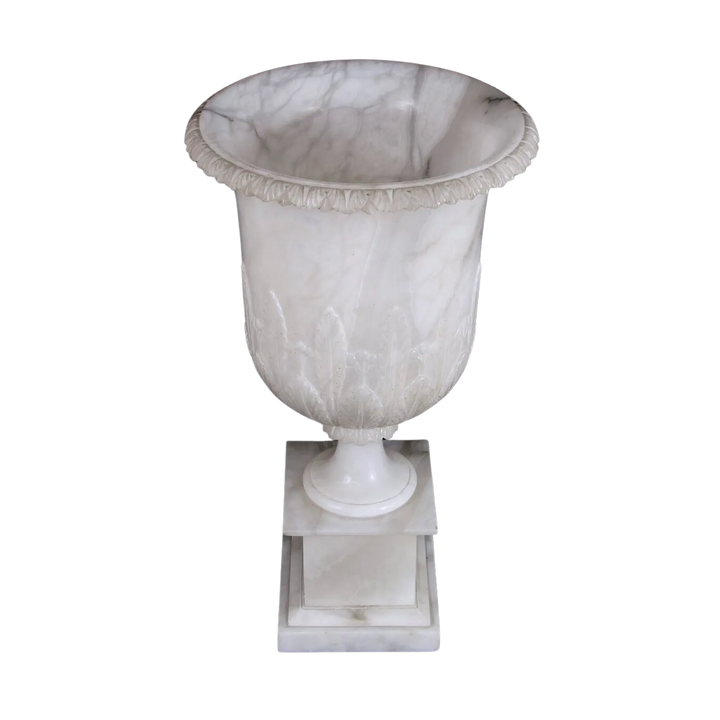 Neoclassical Alabaster Vase on stand, carved white alabaster with intricate detailing, neo-classical style circa 1900 England.