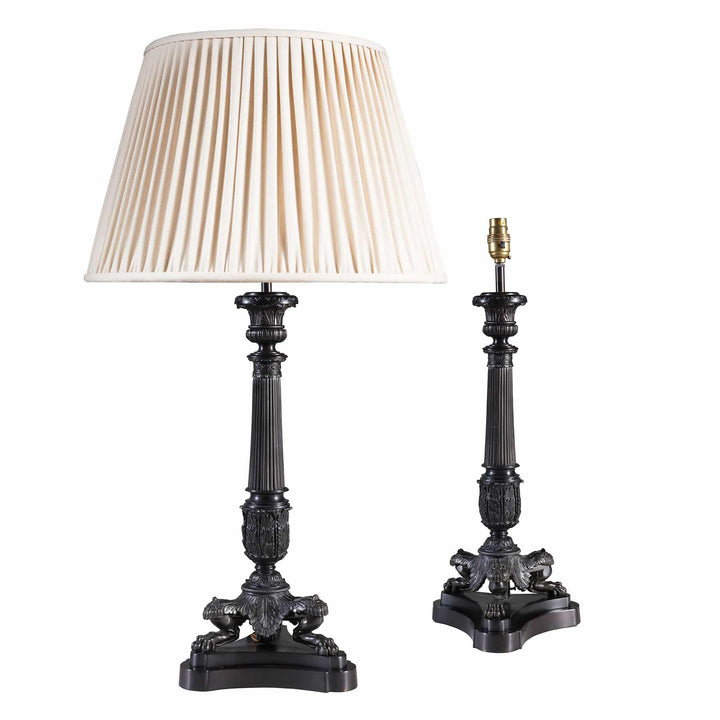 DARK BRONZE TRIPOD COLUMN TABLE LAMP BY THE NEO CLASSICAL LAMP CO. AJ3 Black with pleated cream lampshade and ornate base.