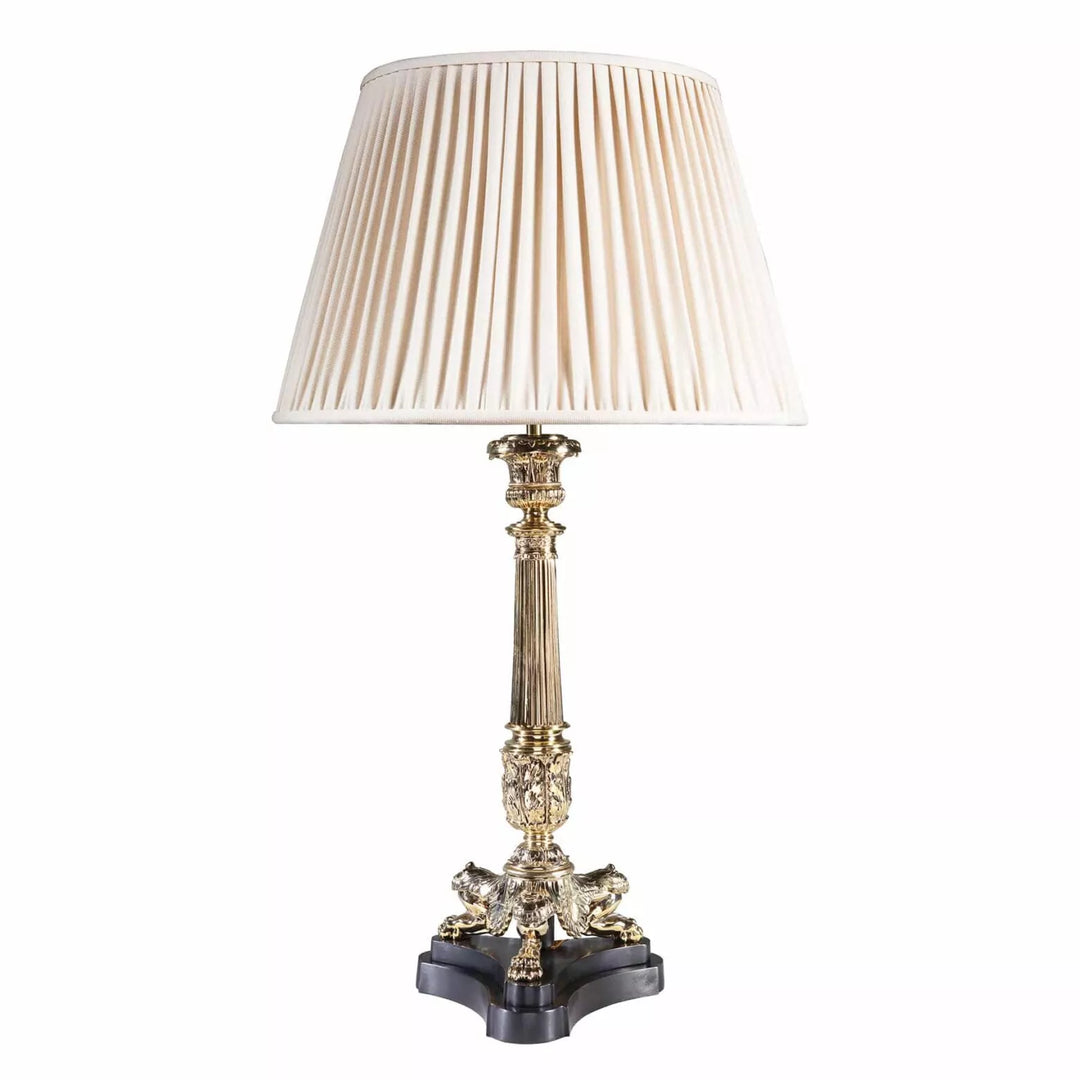A Polished Brass Column Tripod Table Lamp AJ3 with pleated shade and ornate brass column base circa 1980 England.