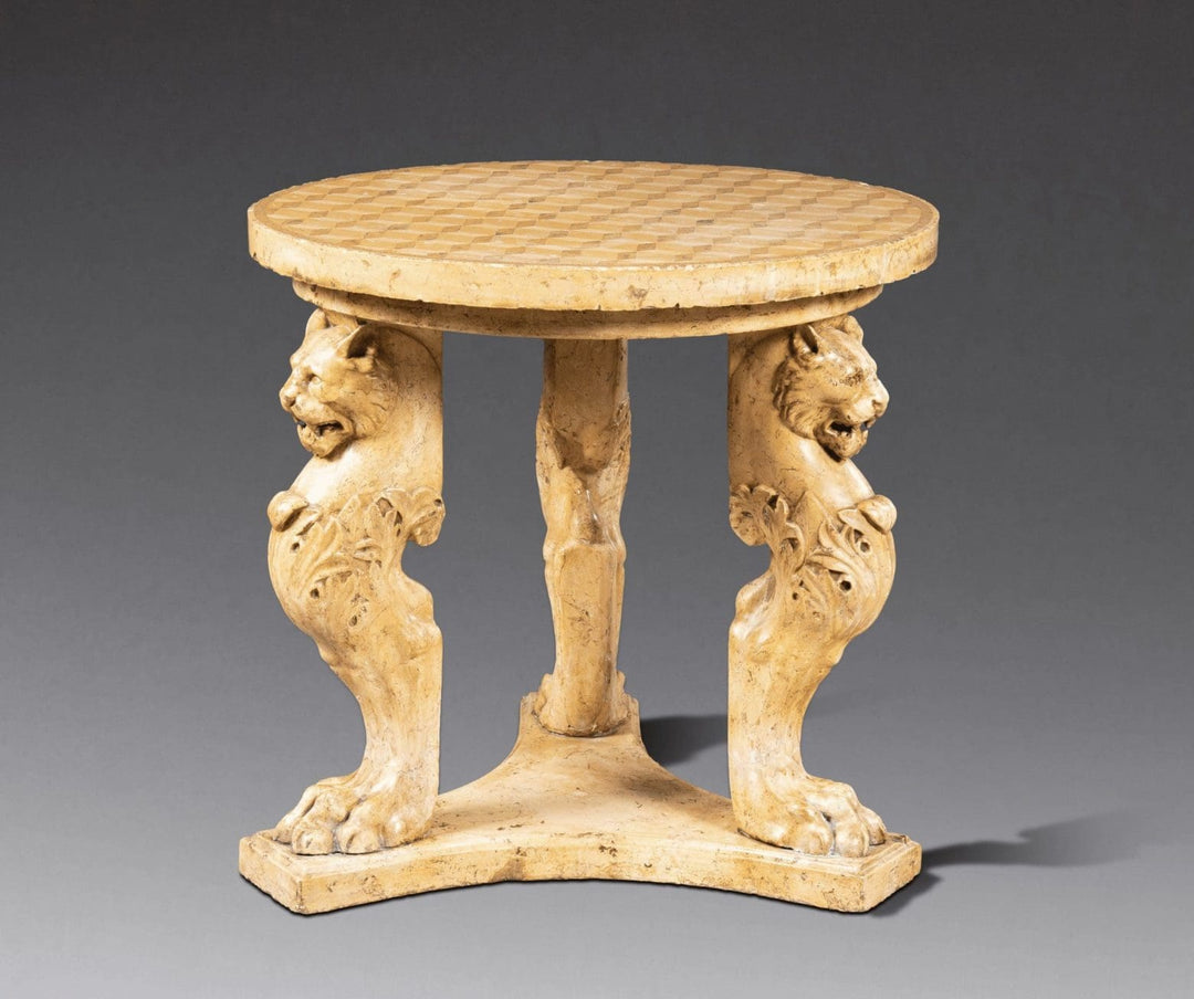 Italian ‘Siena marble’ Scagliola Tripod Table with bordered geometric top and lion monopodiae base, early 19th century.