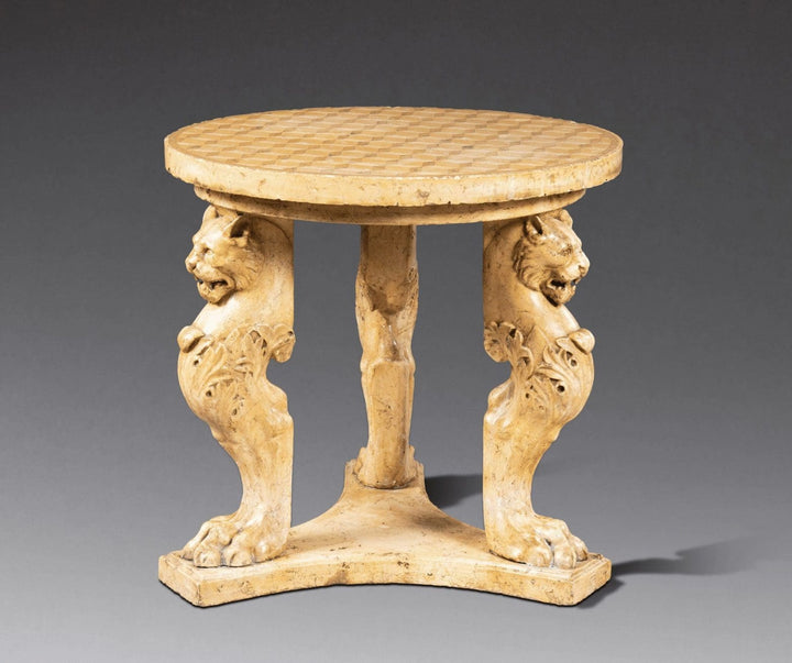 Italian ‘Siena marble’ Scagliola Tripod Table with bordered geometric top and lion monopodiae base, early 19th century.