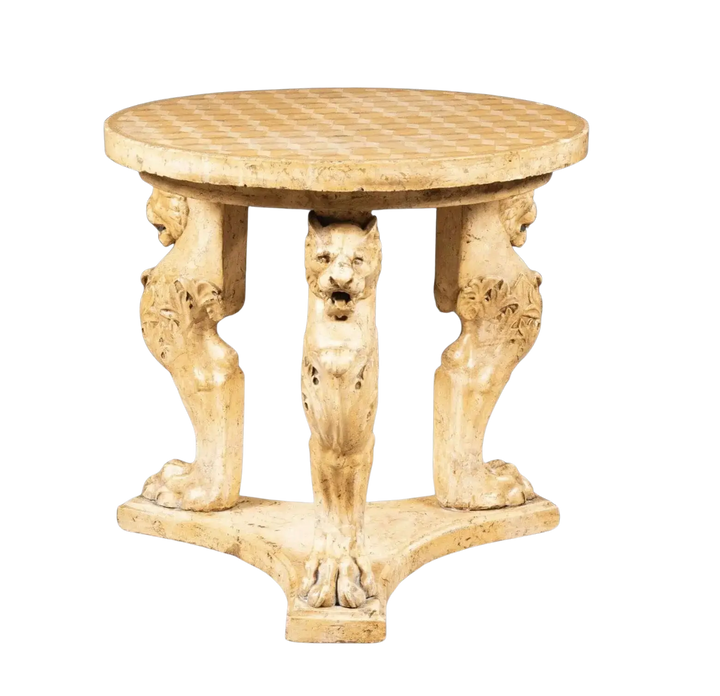 Italian ‘Siena marble’ Scagliola Tripod Table with bordered geometric top and lion monopodiae legs, circa 1830.