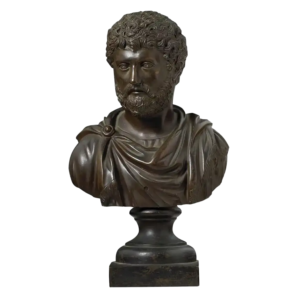Late 18th Century Grand Tour Bronze Bust of Hadrian depicting Roman emperor in detailed bronze sculpture.