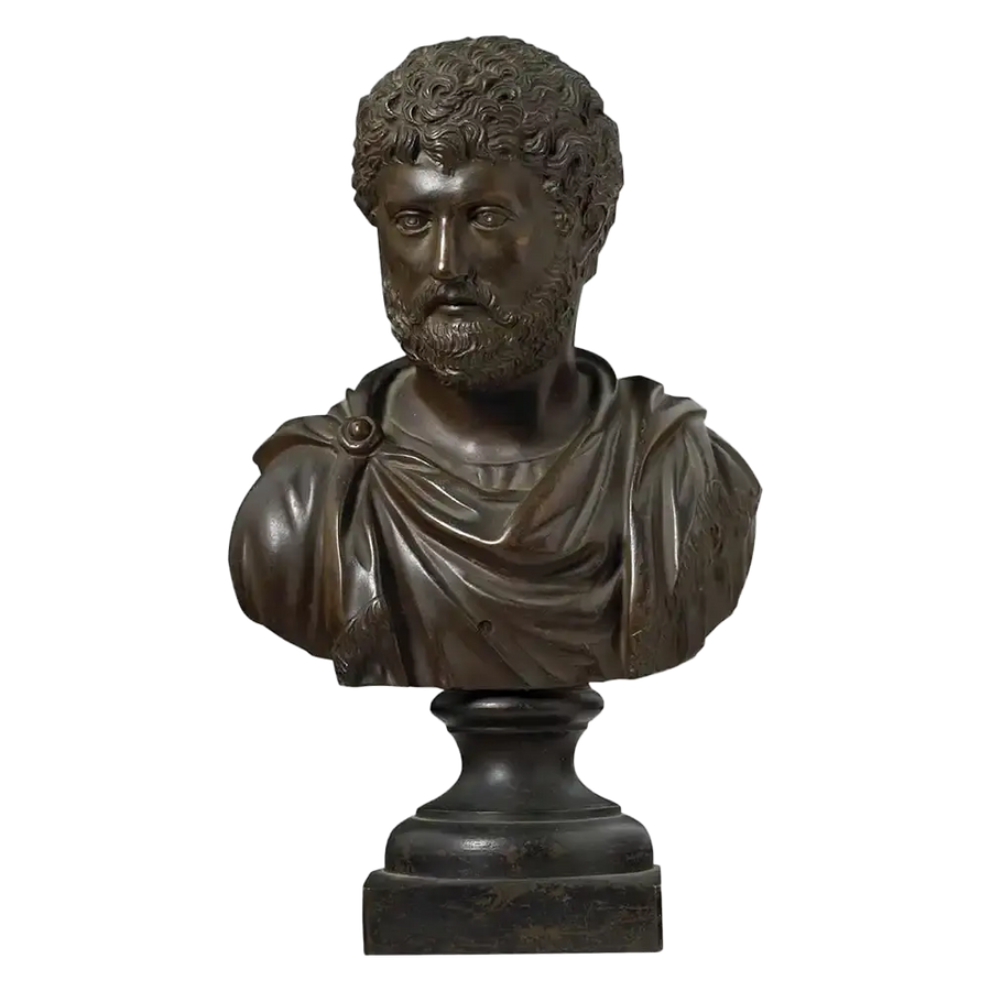 Late 18th Century Grand Tour Bronze Bust of Hadrian depicting Roman emperor in detailed bronze sculpture.