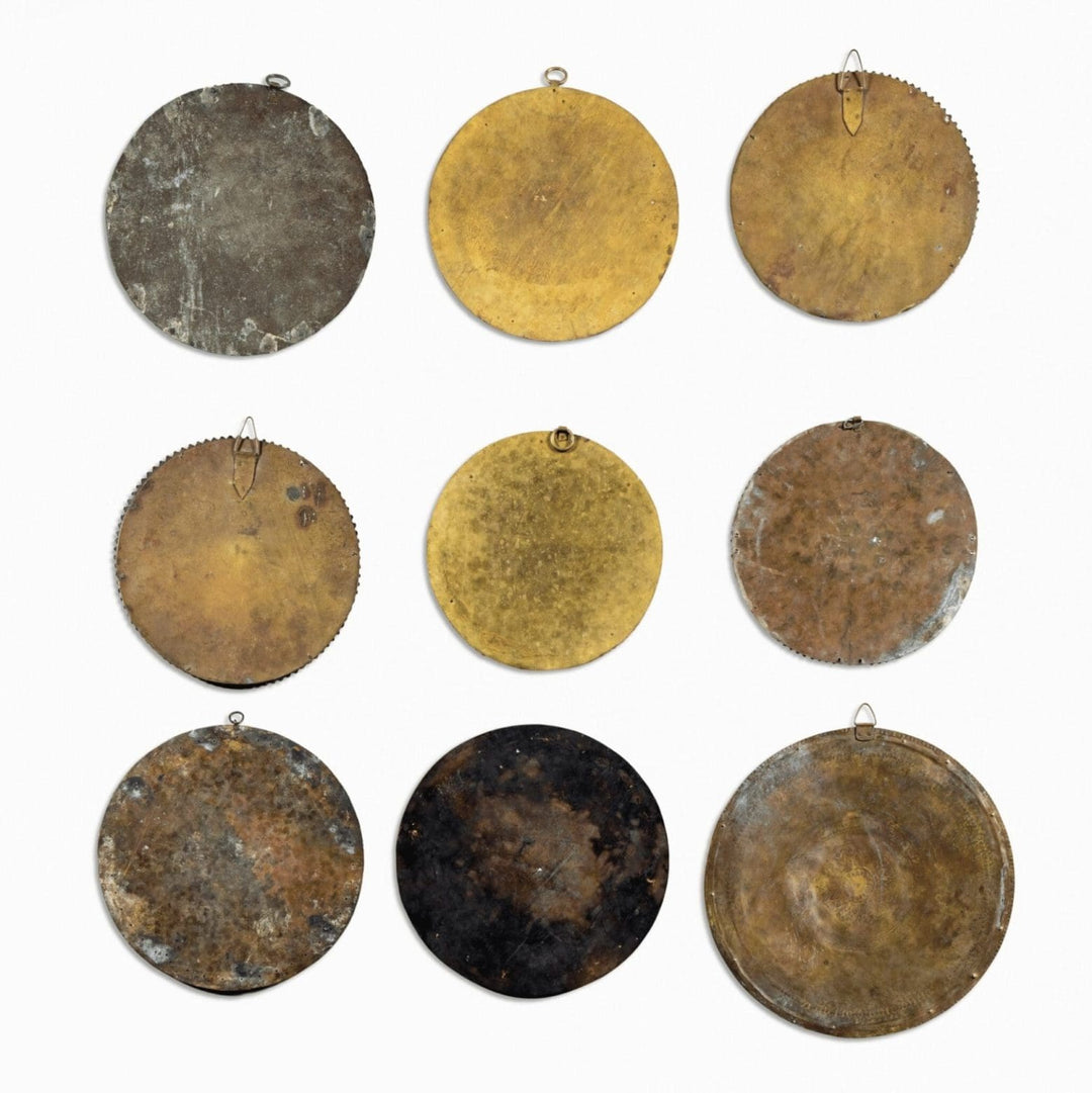 Group of nine gilt copper mirrored Chakras of varying sizes by Collection EE20, inspired by Vishnu’s Sudarshan Chakra circa 1880