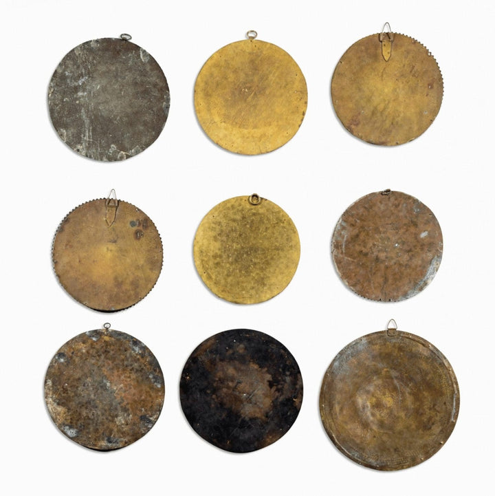 Group of nine gilt copper mirrored Chakras of varying sizes by Collection EE20, inspired by Vishnu’s Sudarshan Chakra circa 1880