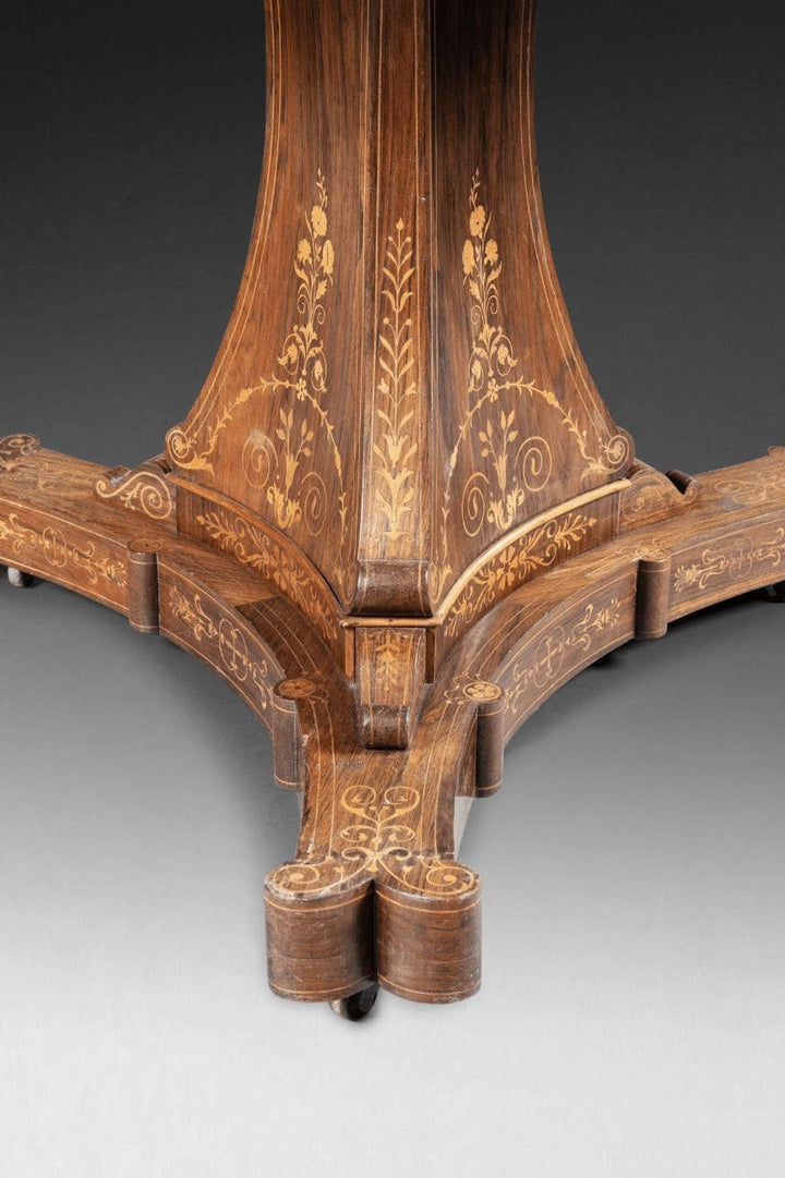 Charles X Rosewood Marquetry Guéridon Table detailed carved base with floral marquetry on castors circa 1825