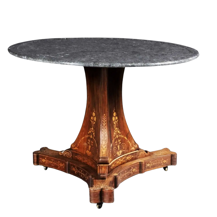 Charles X Rosewood Marquetry Guéridon Table with grey marble top and floral inlay, circa 1825 on castors.