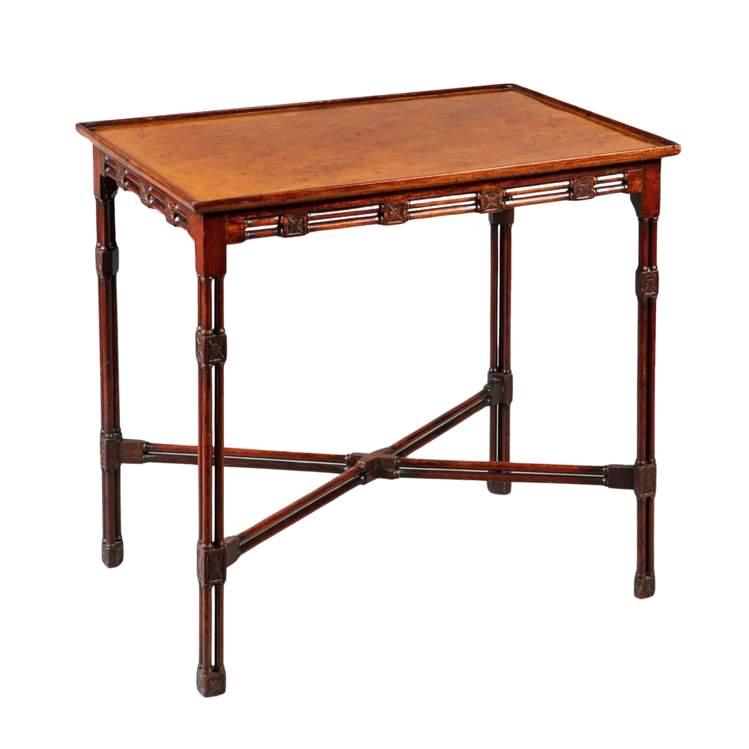 A George III mahogany silver table with cluster column legs and double-column x frame stretcher, circa 1765.