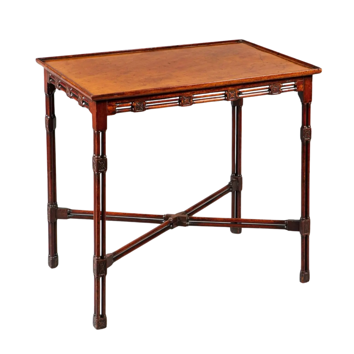 A George III mahogany silver table with cluster column legs and double-column x frame stretcher, circa 1765.