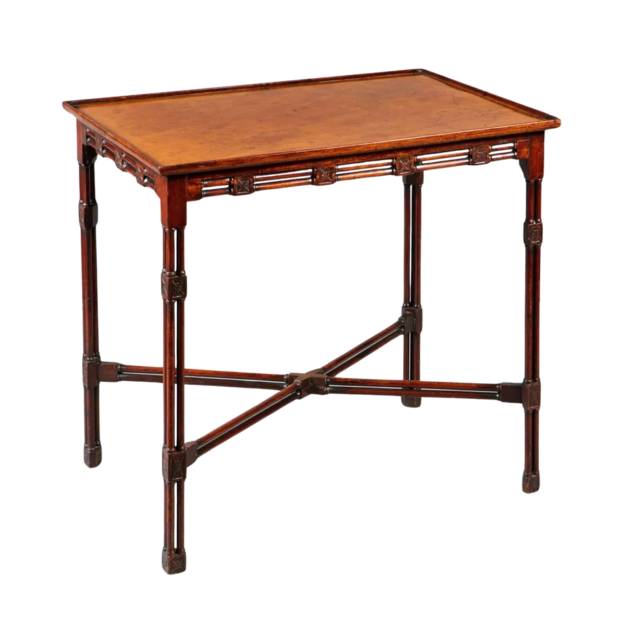 A George III mahogany silver table with cluster column legs and double-column x frame stretcher, circa 1765.