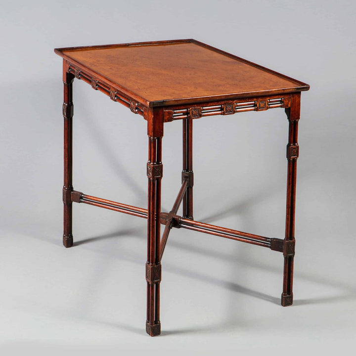 A George III mahogany silver table with cluster column legs and double-column x frame stretcher, England circa 1765.