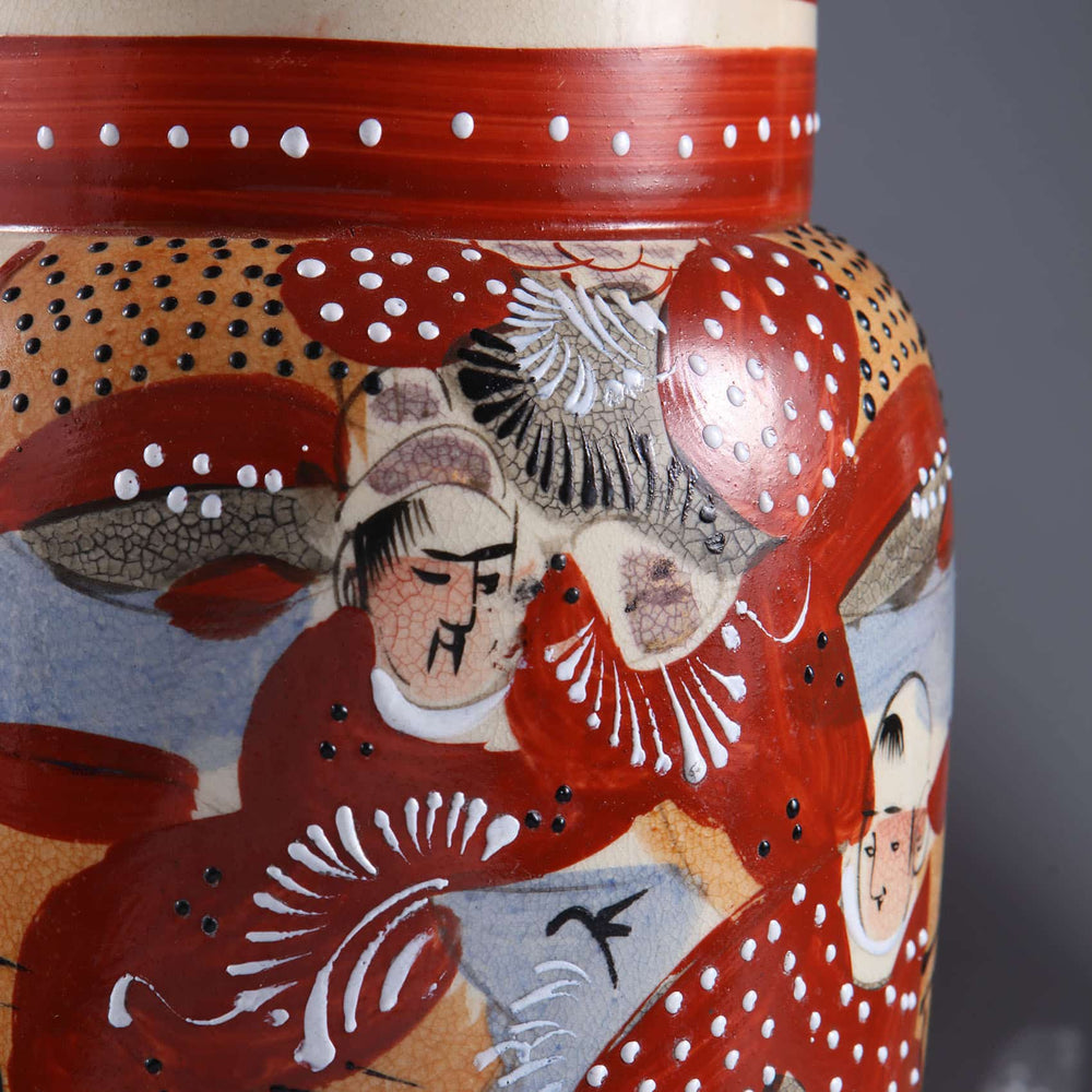 Decorative pair of Japanese 20th Century Vases Mounted as Table Lamps with traditional red and white detailing circa 1930.