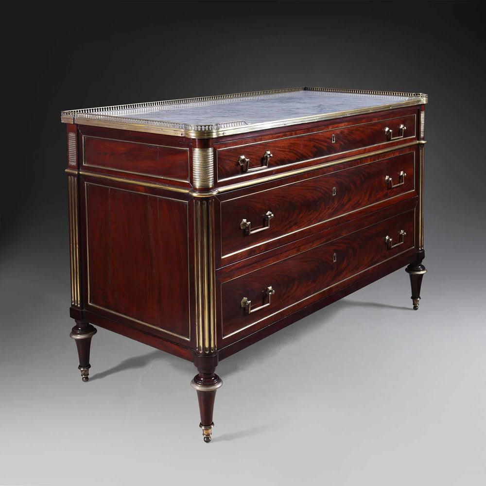 Imposing French Directoire commode with crotch mahogany, brass accents, Carrara marble top by Collection EE40.