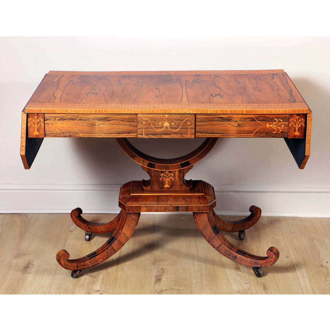 George III Rosewood & Kingwood Sofa Table, circa 1820, British Isles, elegant antique extendable wooden table