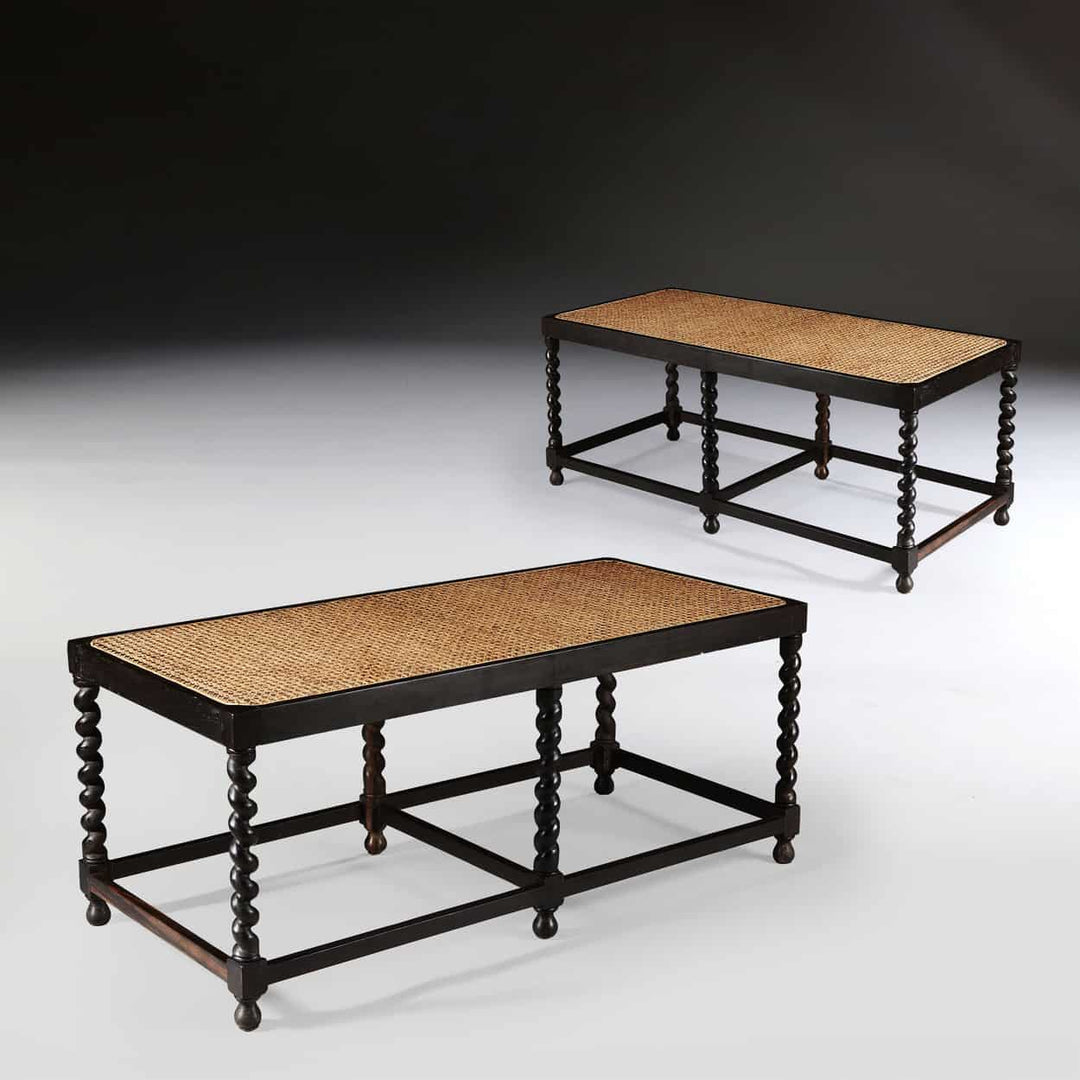Pair of Solid Ebony Caned Long Benches