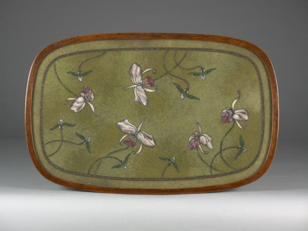 Oval table with beadwork top featuring irises on a variegated green ground with stained beech frame circa 1900.