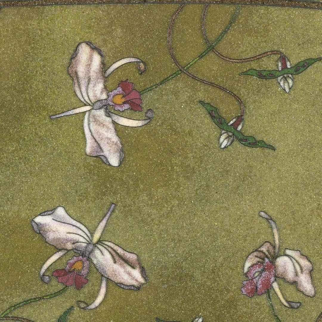 Oval table with beadwork top featuring iris floral design on variegated green background circa 1900.