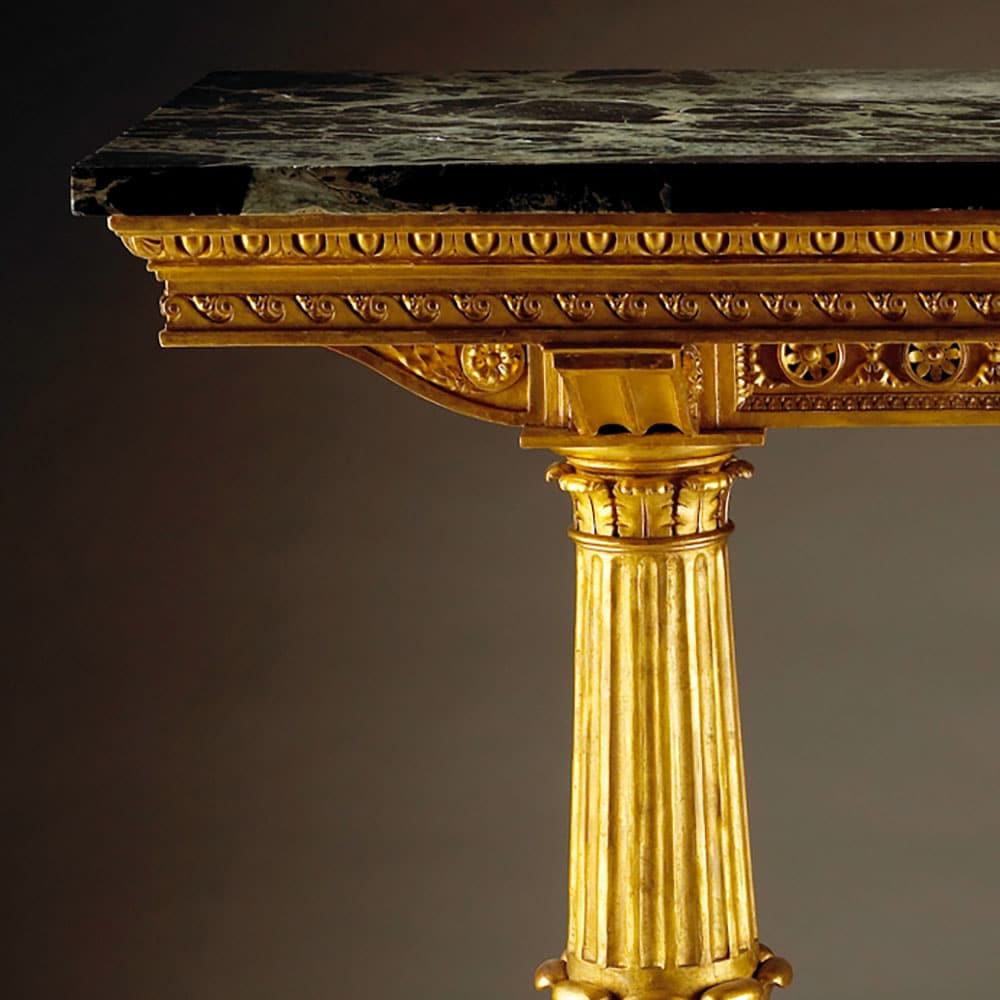 Genoese Giltwood Console Table Attributed to Leopoldo Pollack with Verde Antico marble top and fluted gilt columns.