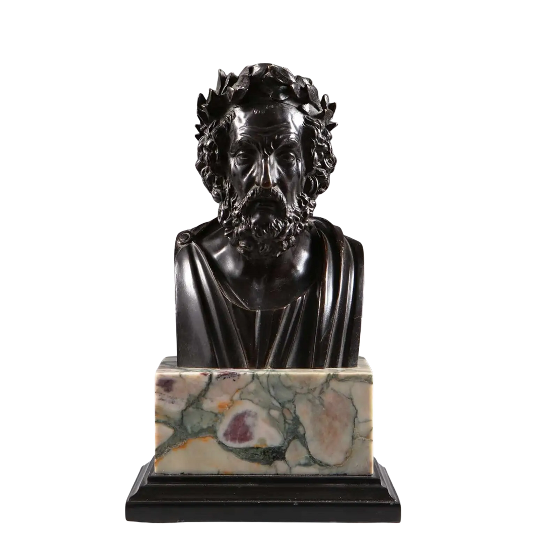 Bronze Bust of Homer, ancient Greek poet sculpture with laurel wreath, mounted on breche violet and black marble base.