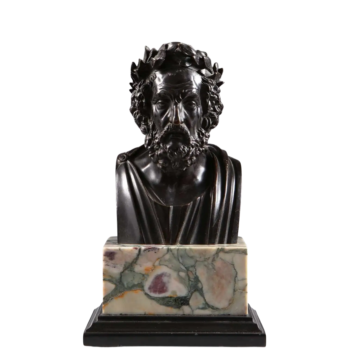 Bronze Bust of Homer, ancient Greek poet sculpture with laurel wreath, mounted on breche violet and black marble base.