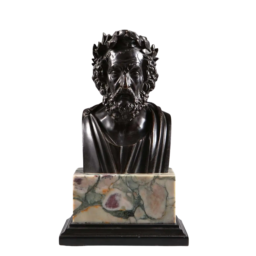 Bronze Bust of Homer, ancient Greek poet sculpture with laurel wreath, mounted on breche violet and black marble base.