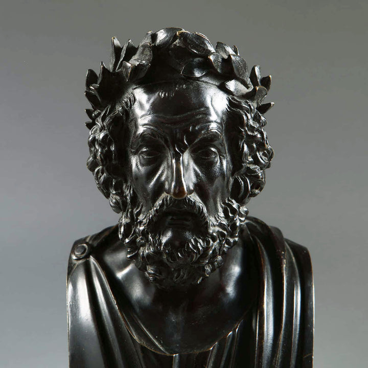 Bronze Bust of Homer featuring laurel wreath, dark patina, on breche violet and black Belgian marble base circa 1830.
