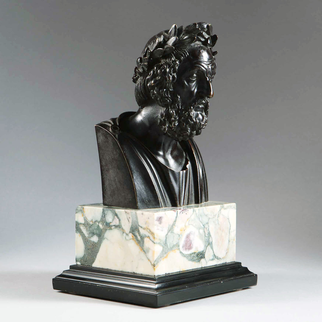 Bronze Bust of Homer with laurel wreath on breche violet and black Belgian marble base, circa 1830, Italy.