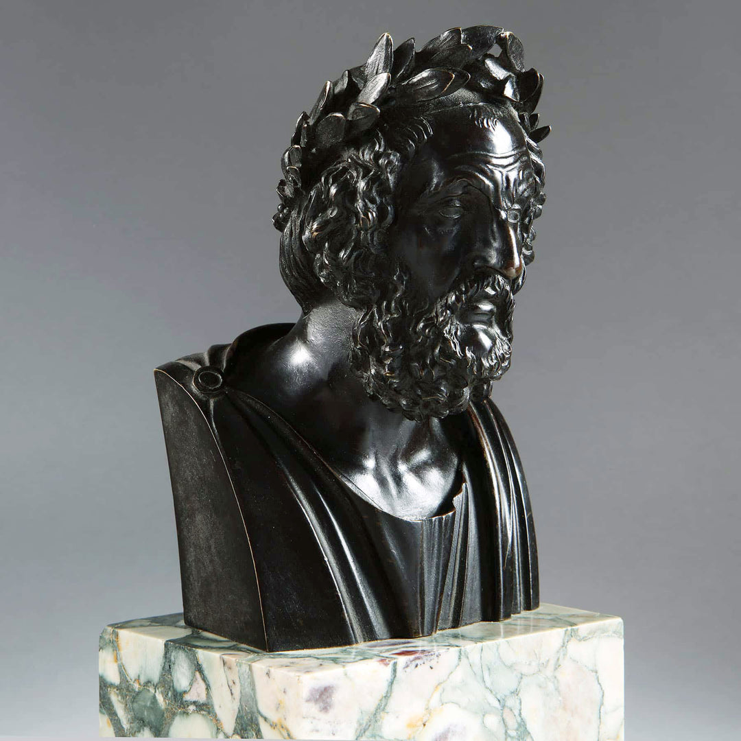 Bronze Bust of Homer showing laurel wreath on poet's head, mounted on breche violet marble base, circa 1830.