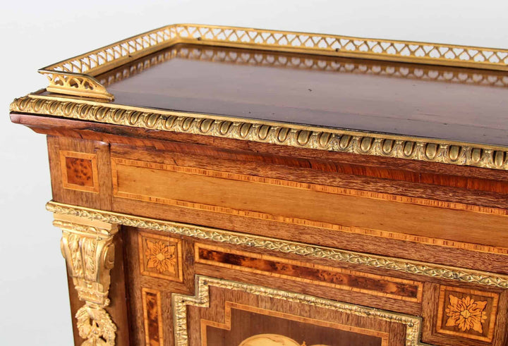 Close-up of ornate Louis XVI Revival Bonheur Du Jour with marquetry and gilded bronze mounts by Collection CK20
