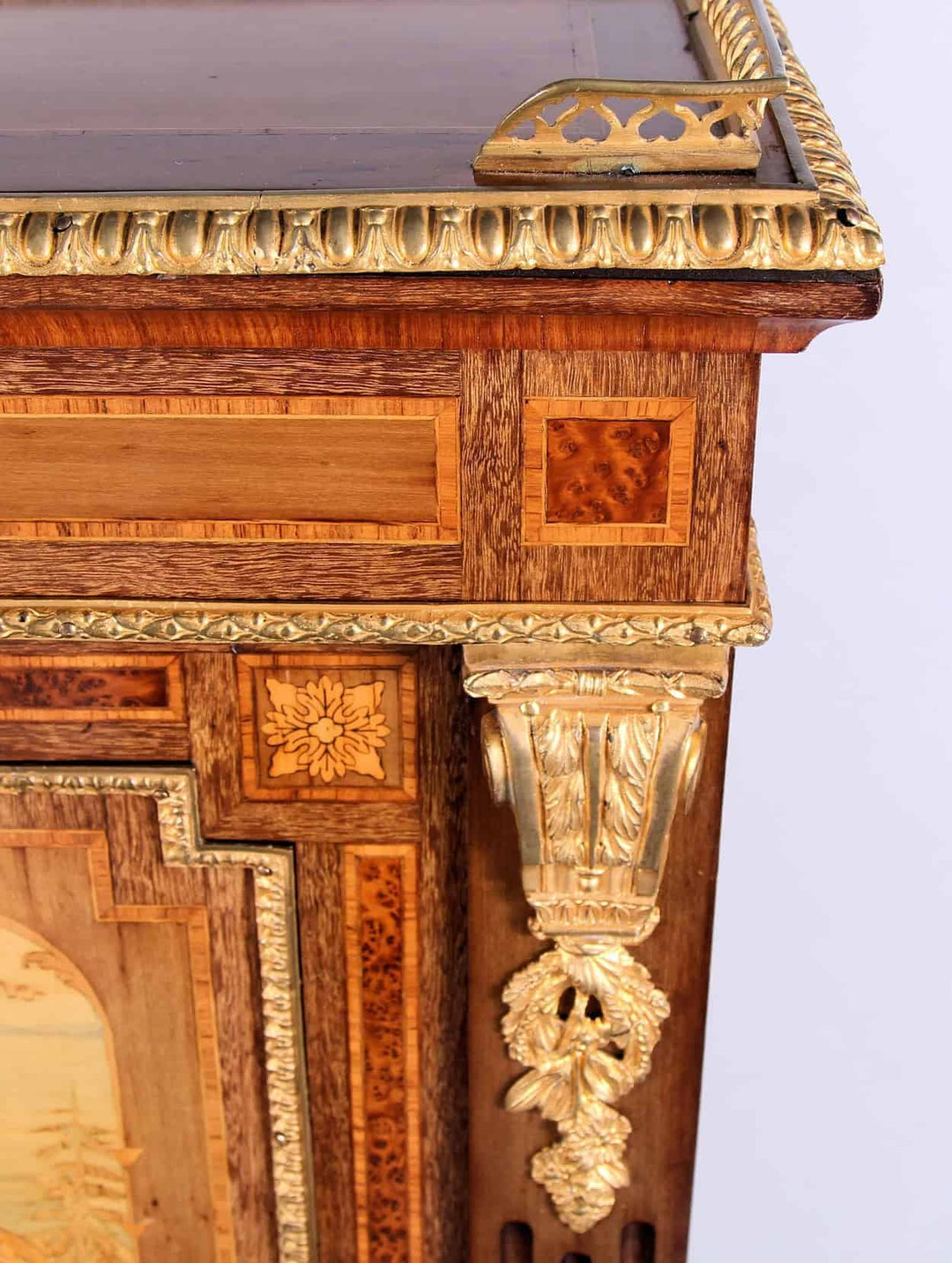 Close-up of Louis XVI Revival Bonheur Du Jour corner featuring marquetry and gilded ormolu mounts by Collection CK20.