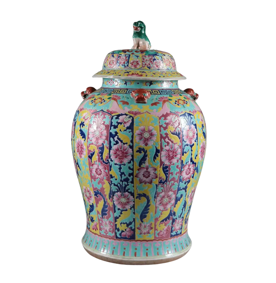 Large 19th-century Qing Dynasty Chinese porcelain vase with colorful floral and guardian lion designs by Collection EE20