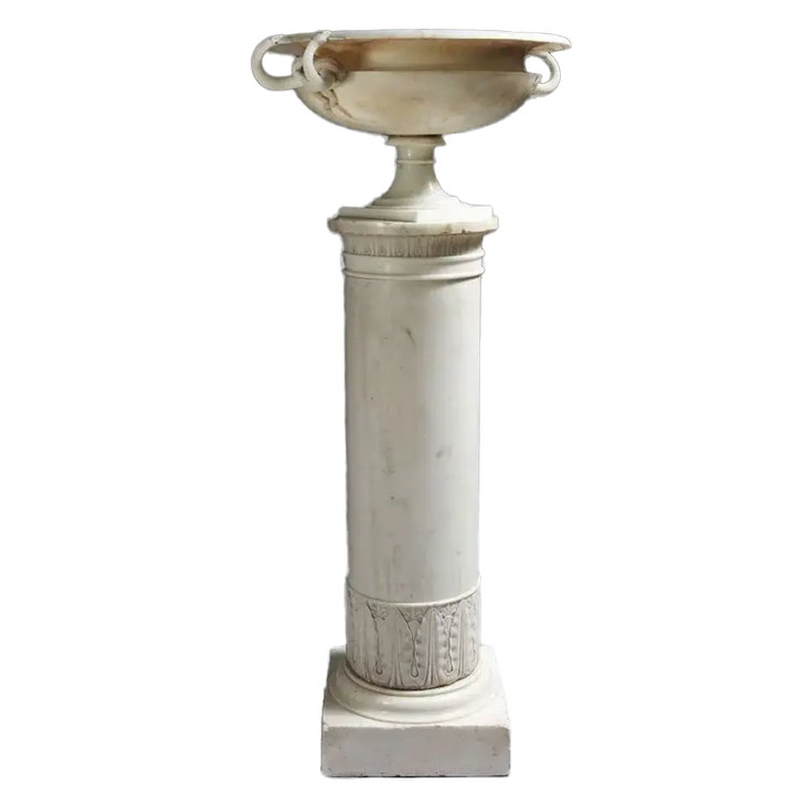 Lorenzo Bartolini Neo-Classical marble tazza with entwined snake handles on a decorative column base.