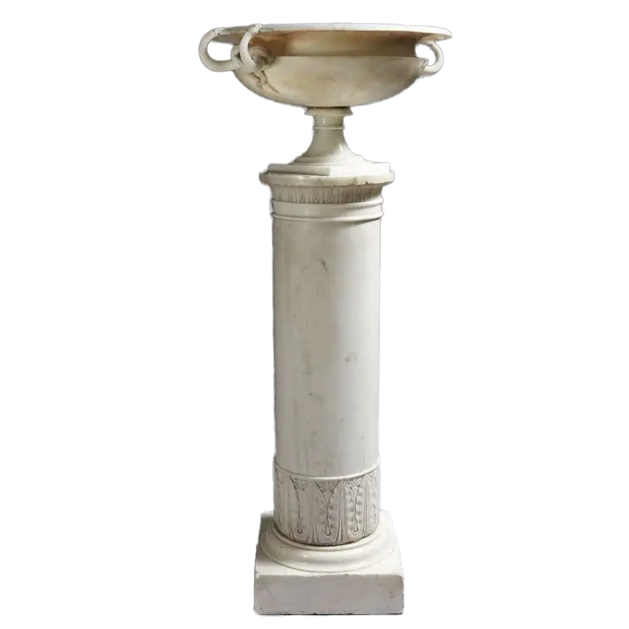 Lorenzo Bartolini Neo-Classical marble tazza with entwined snake handles on a decorative column base.
