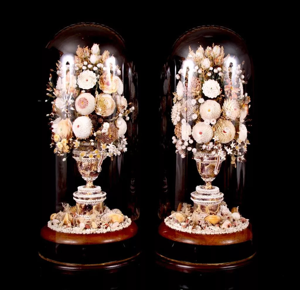 Pair of George III shellworks under glass domes featuring intricate floral designs by Collection CK20