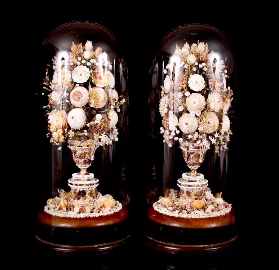 Pair of George III shellworks under glass domes featuring intricate floral designs by Collection CK20