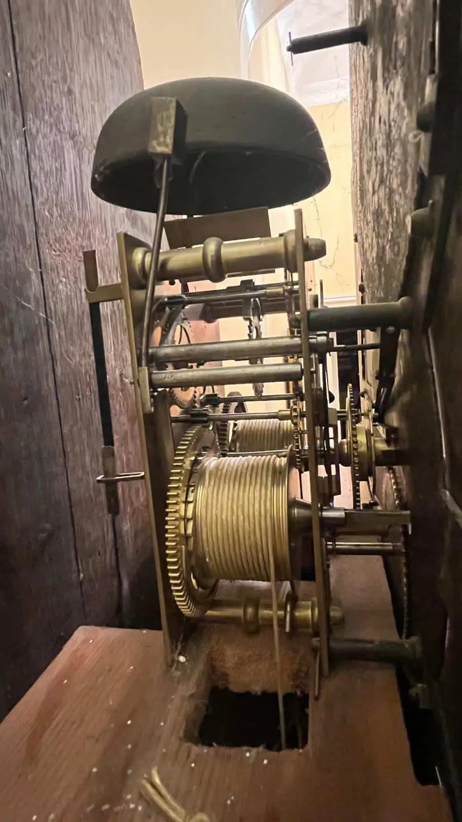 Intricate brass clock mechanism inside a Sanders of Manchester longcase clock from Collection PK10