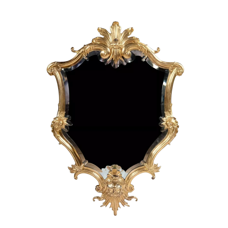 Rare Italian Gilt Bronze Metal Girandole Mirror with ornate scrolls and anthemion design, circa 1750, 94x61 cm.