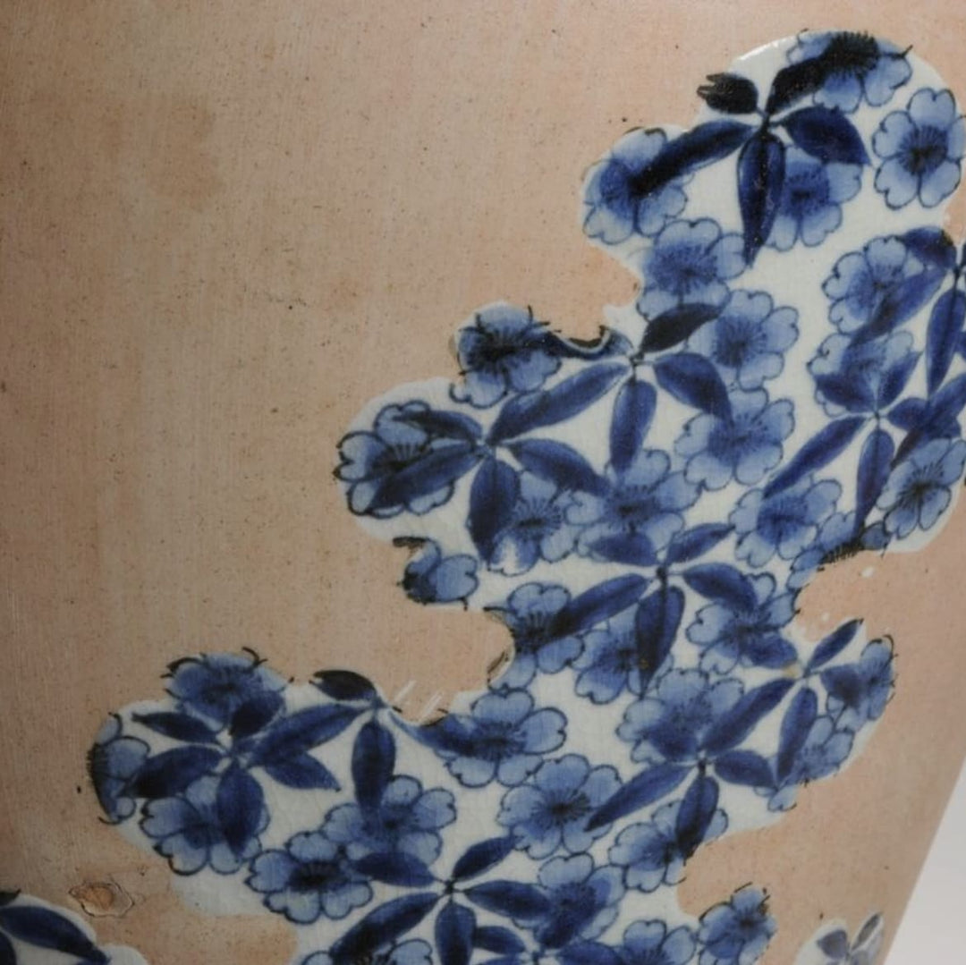 Close-up of cobalt blue floral pattern on partially glazed 18th century Arita porcelain vase from Collection EE20