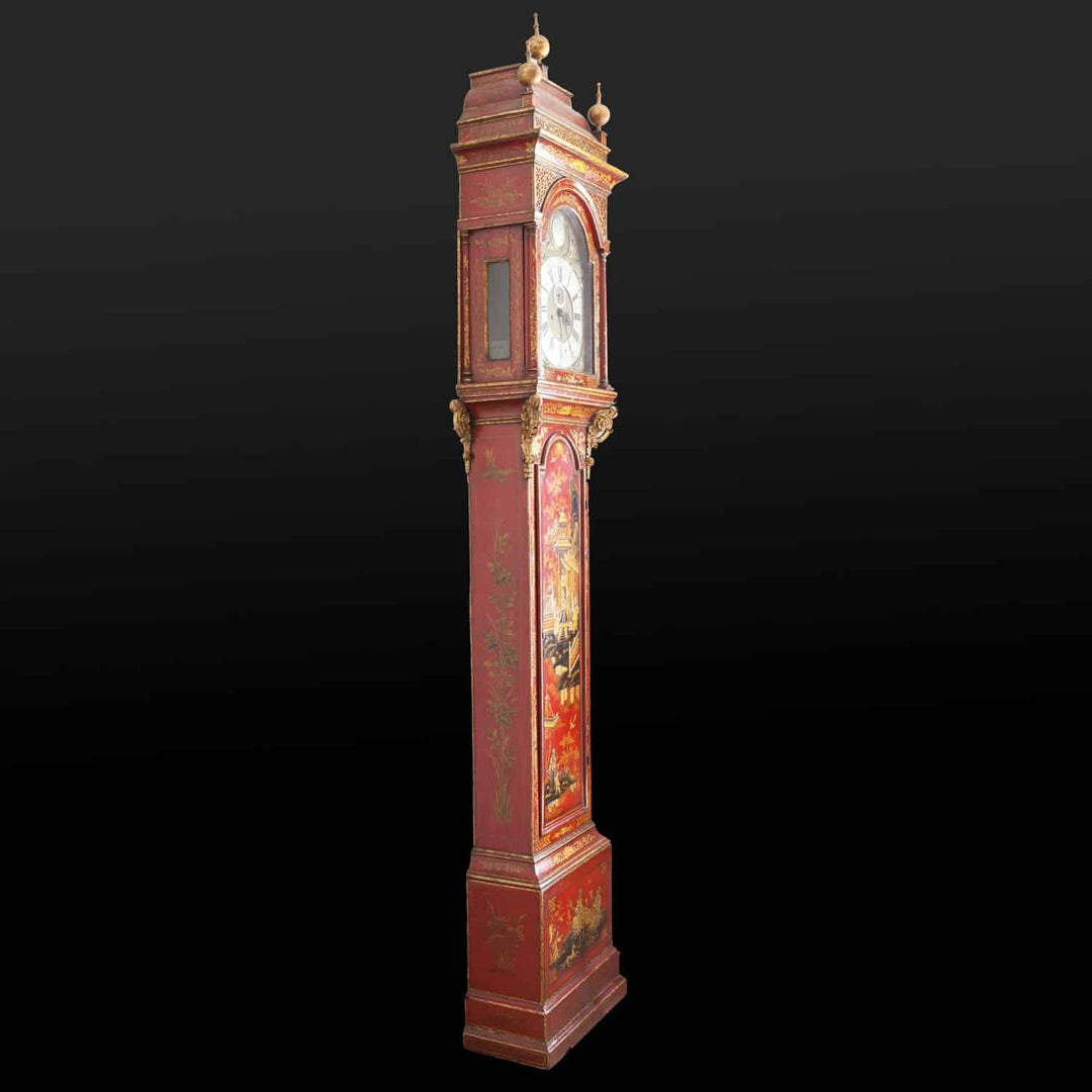 Austin of Shoreditch red japanned grandfather clock with chinoiserie design by Collection TH20, circa 1720 England