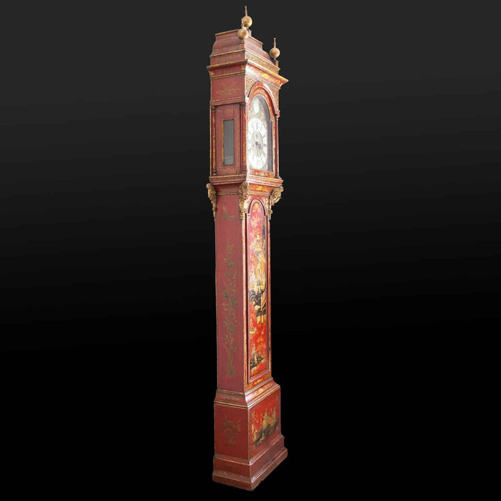 Austin of Shoreditch red japanned grandfather clock with chinoiserie design by Collection TH20, circa 1720 England