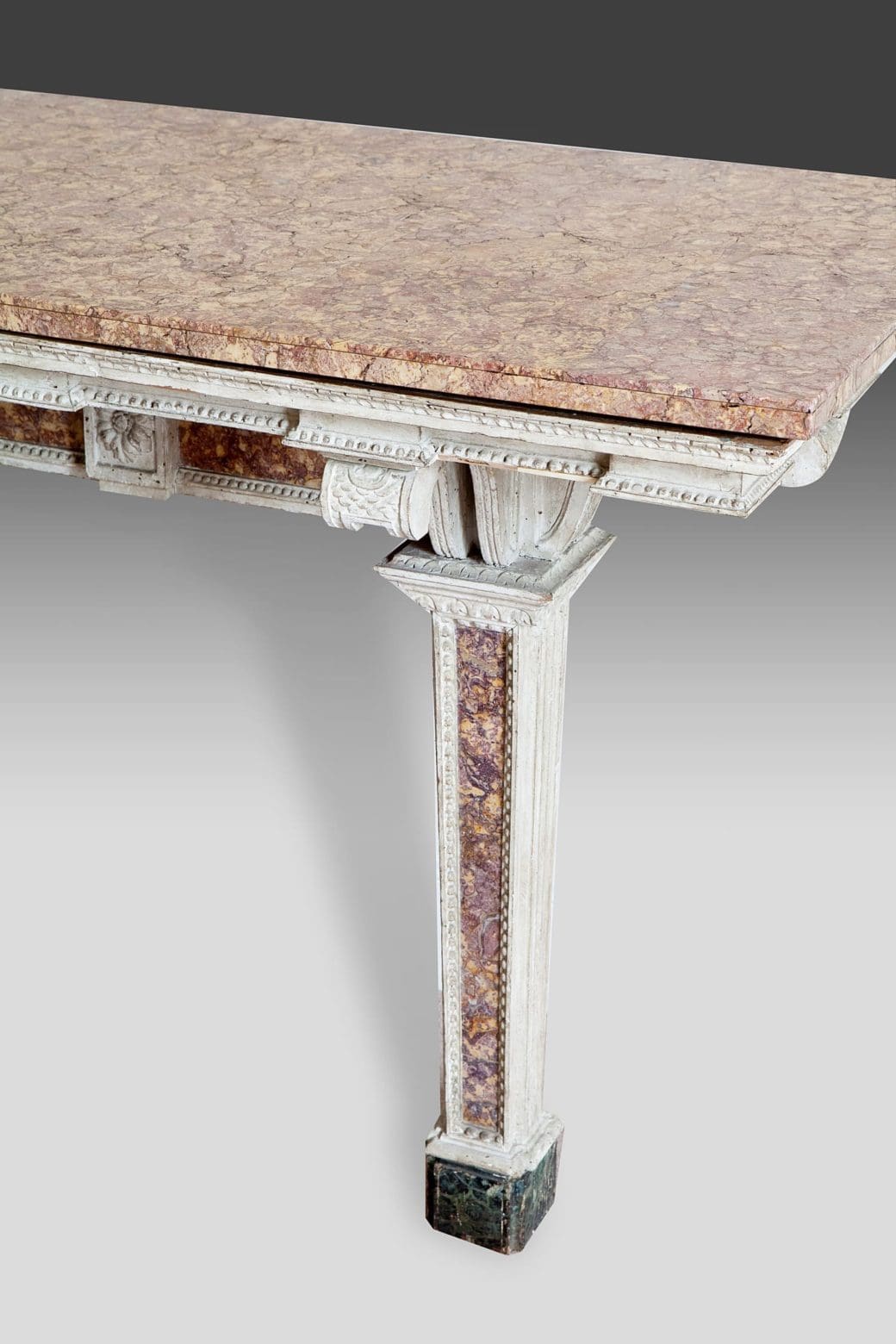 Italian painted and marble console table with neo-classical carving and brocatelle marble inset top and legs circa 1790