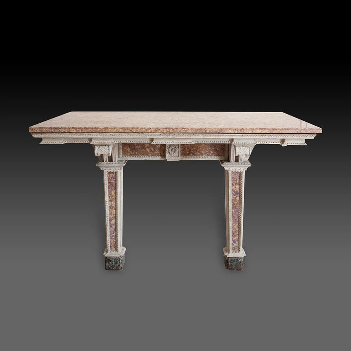 Italian painted and marble console table with brocatelle marble top and neoclassical carvings, Naples circa 1790.