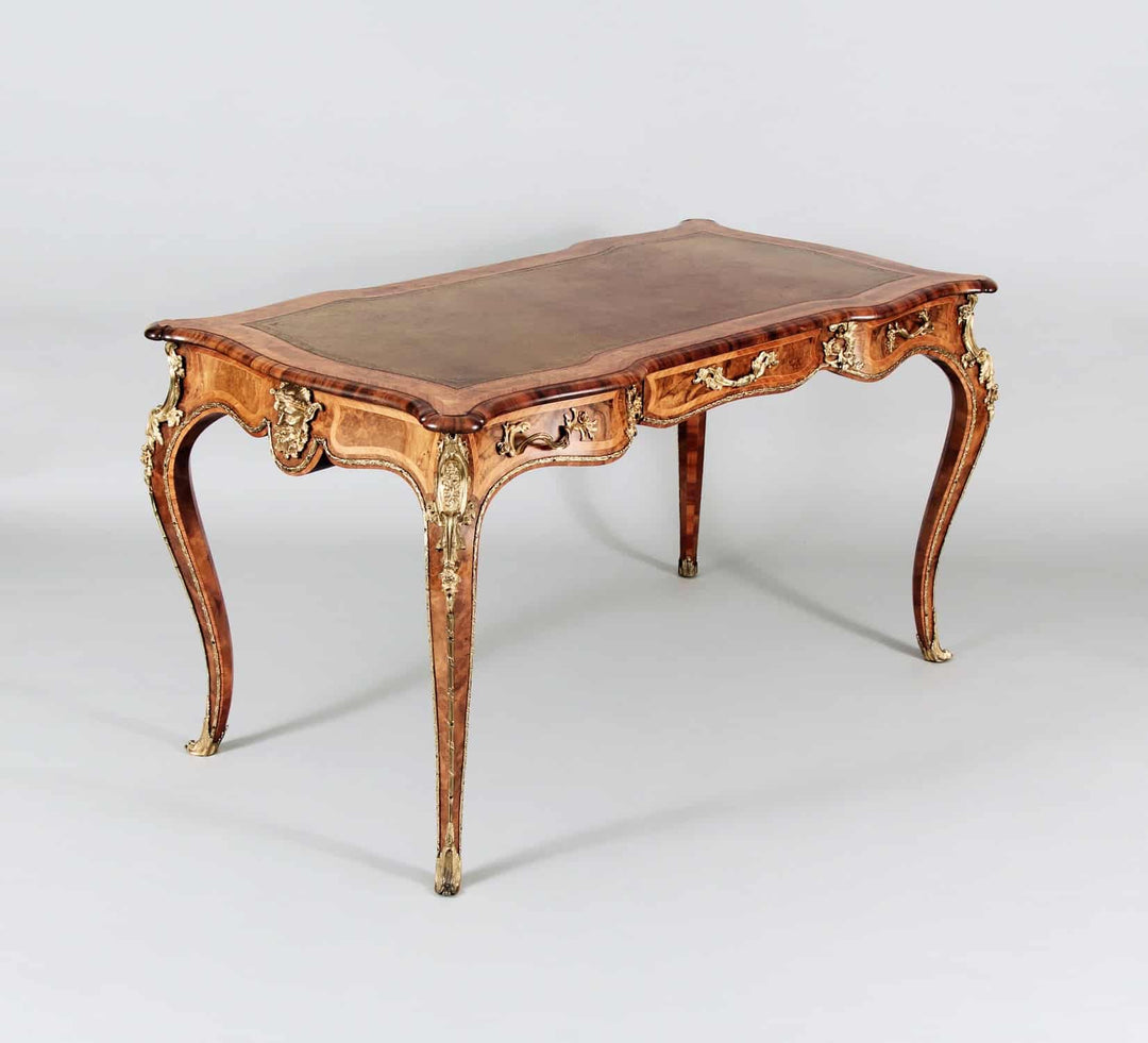 Gilt Bronze Mounted Coil Walnut Goncalo Alves & Tulipwood Bureau Plat Attributed To Gillows