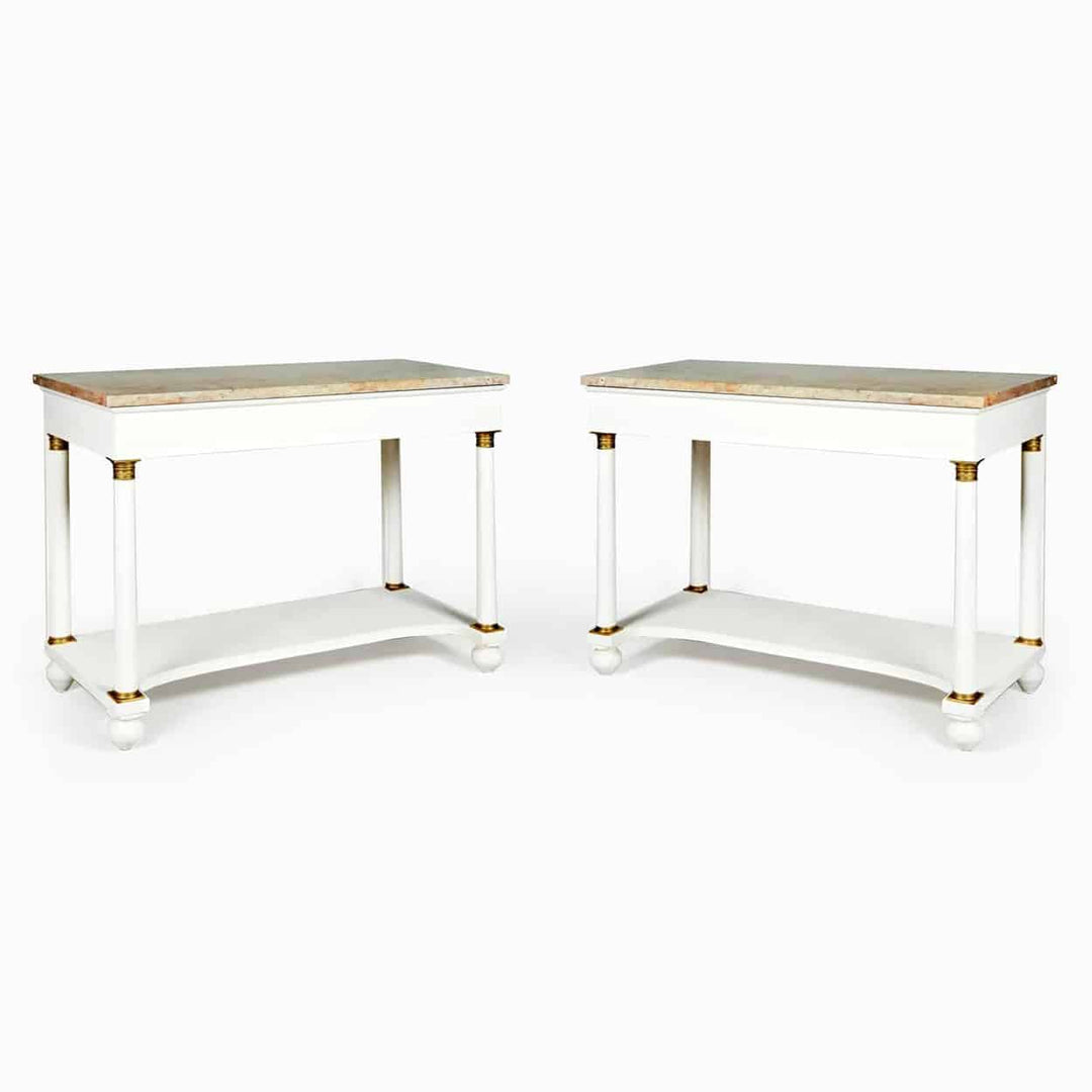 Antique Pair of White Painted Marble Topped Empire Console Tables