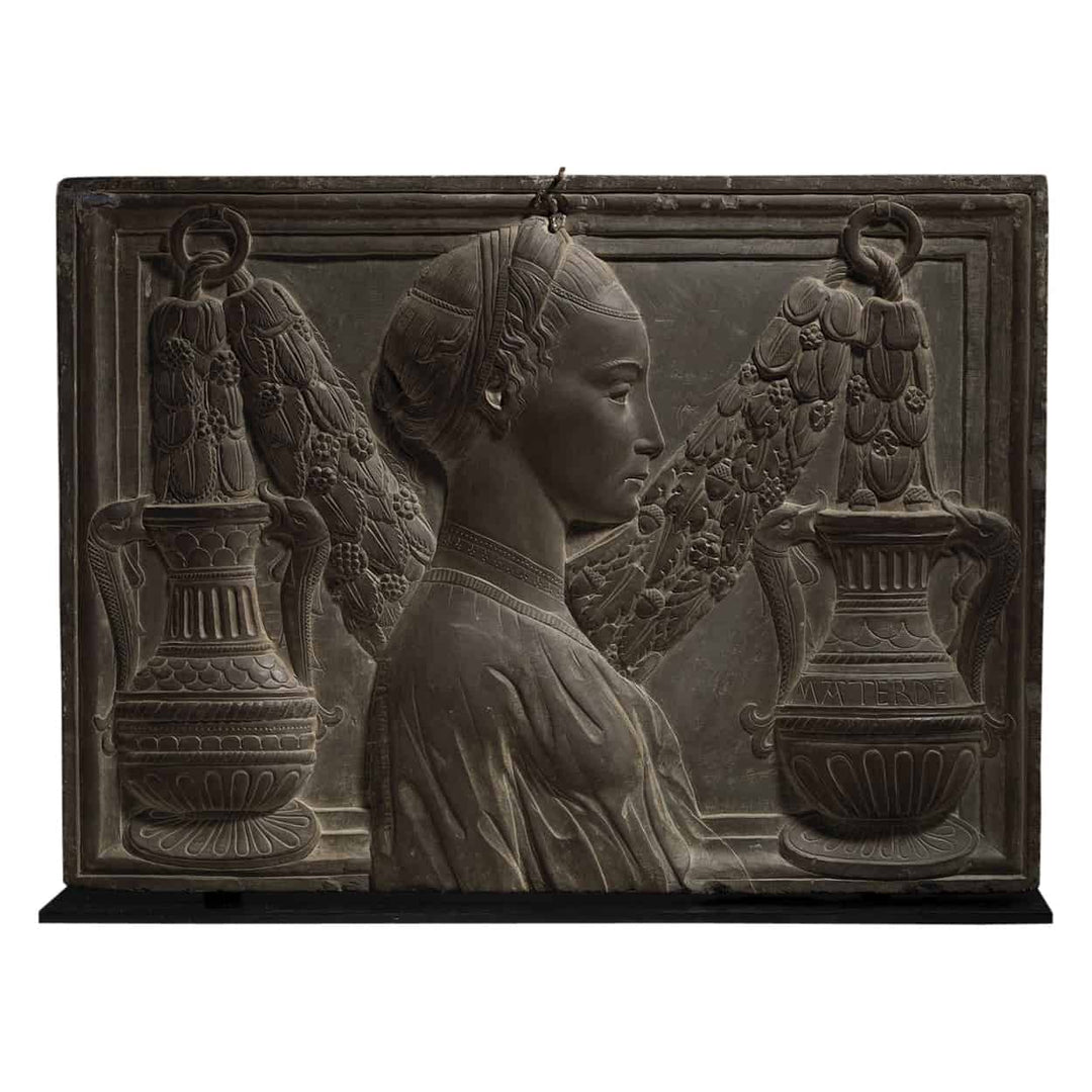 Renaissance Revival Pietra Serena Carved High Relief Plaque depicting right facing lady bust with floral garland and classical vases.