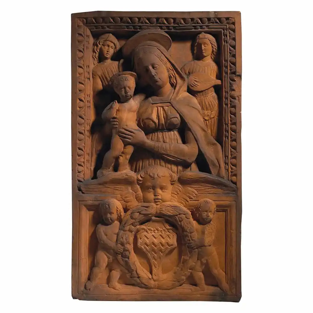 Italian Terracotta Relief Panel Virgin and Child 19th-century devotional artwork with intricate Renaissance-style details