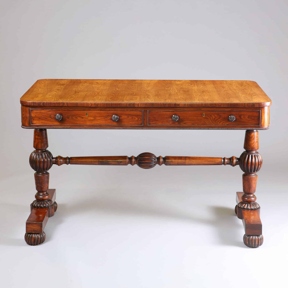 William IV Kingwood End Support Writing Table with turned stretcher and gadrooned bun feet, circa 1840 English antique desk
